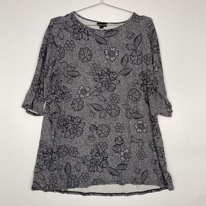 J Jill Wearever Shirt Womens Large Black Floral Tunic Top 3/4 Sleeve Stretch
